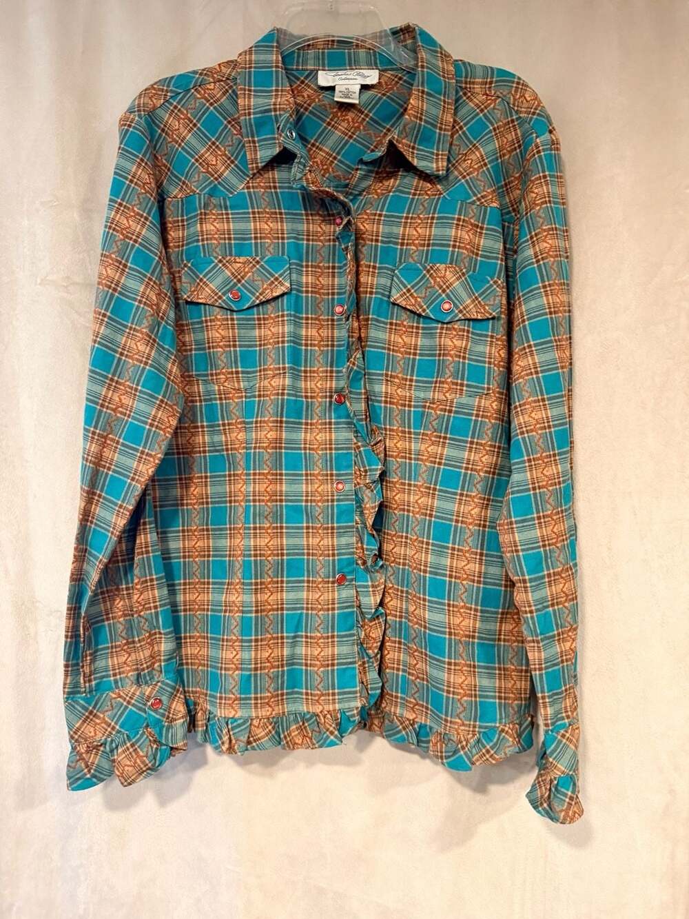 Tasha Polizzi Collection Teal Plaid Ruffle Western Snap Shirt XL